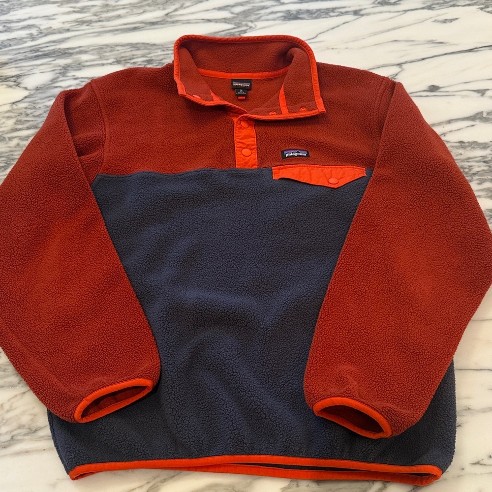 Patagonia Kids Fleece Pullover in Rust Orange and Navy